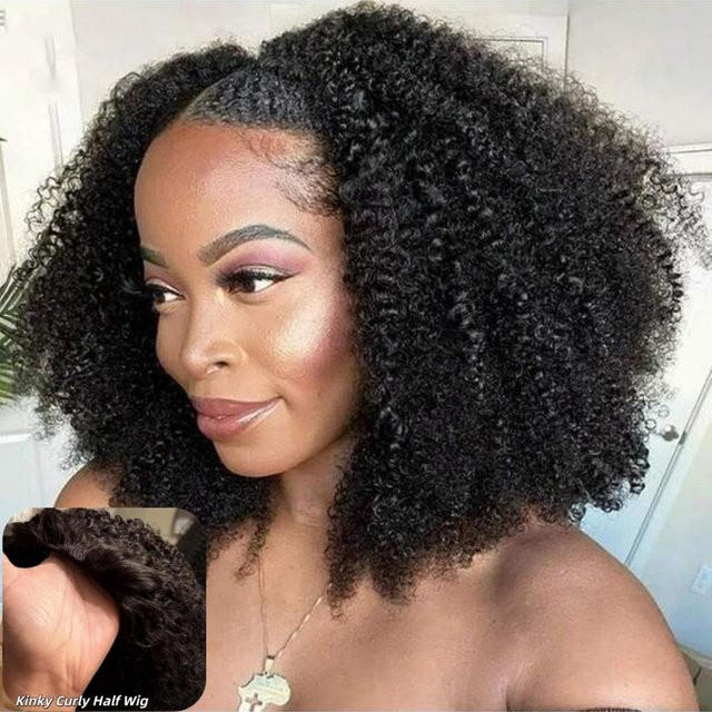 Afro Kinky Curly Half Perücke, Echthaar, Wear & Go, Clip Ins - Bild 1