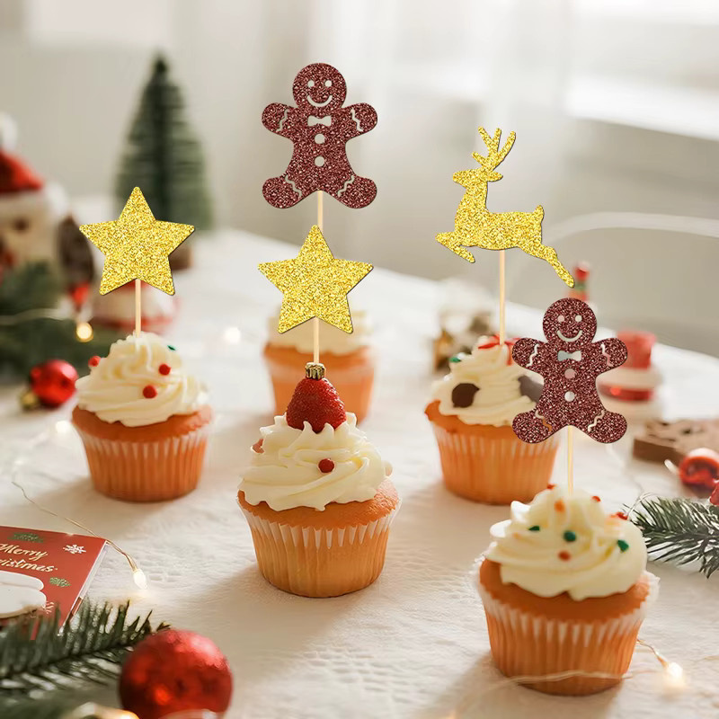 YOMDID 24 Stück Weihnachts-Kuchenaufsätze in Gold und Braun mit Hirsch und Stern als glitzernde Cupcake-Topper und Party-Kuchendekoration - Bild 3