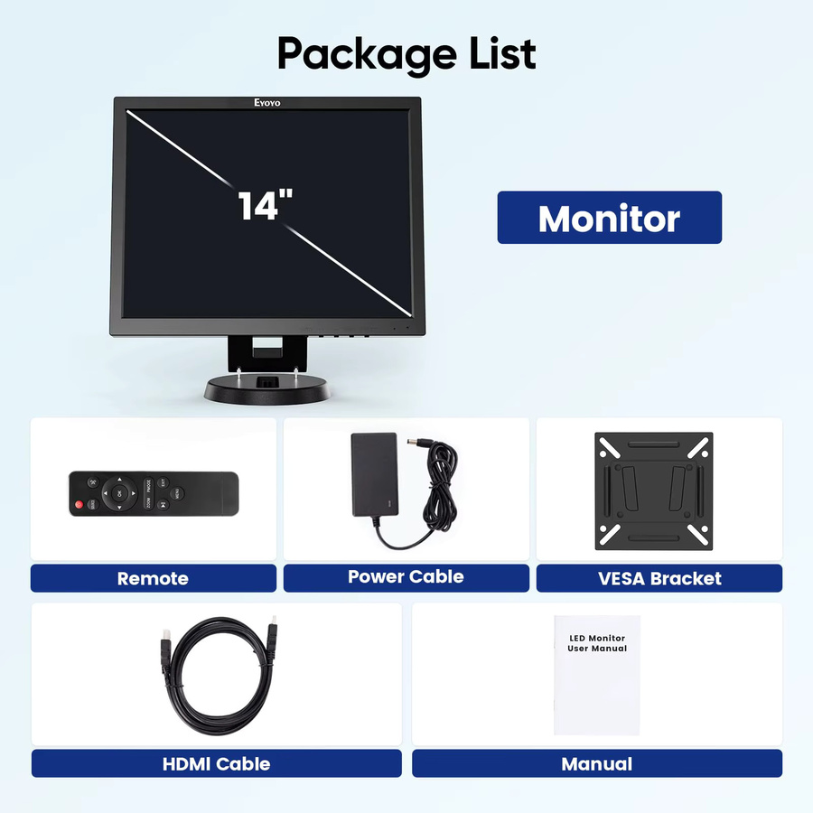 Eyoyo 14 Zoll LCD-HDMI-Monitor in Schwarz mit 1024 x 768 Auflösung, VGA, AV und BNC Eingang sowie integrierten Lautsprechern und Fernbedienungsunterstützung - Bild 7