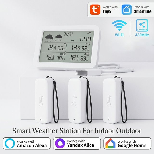 Tuya Smart Home Wetterstation mit WiFi und RF433, Temperatur- und Feuchtigkeitssensor mit Uhr, IP65 wasserdicht, Weiß - Bild 1