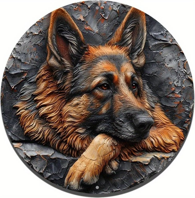 Potdemiel Wandkunst Rundes Aluminiumschild Schäferhund Relief-Dekoration in Kupfer-Optik Braun Durchmesser: 20 cm - Bild 1