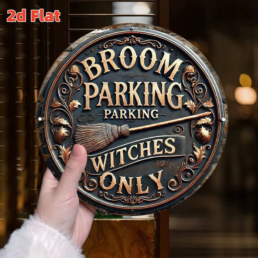 Potdemiel Halloween Wanddekoration Broom Parking for Witches rund aus Metall in Gold mit Vintage-Design, Durchmesser: 19,79 cm - Bild 3