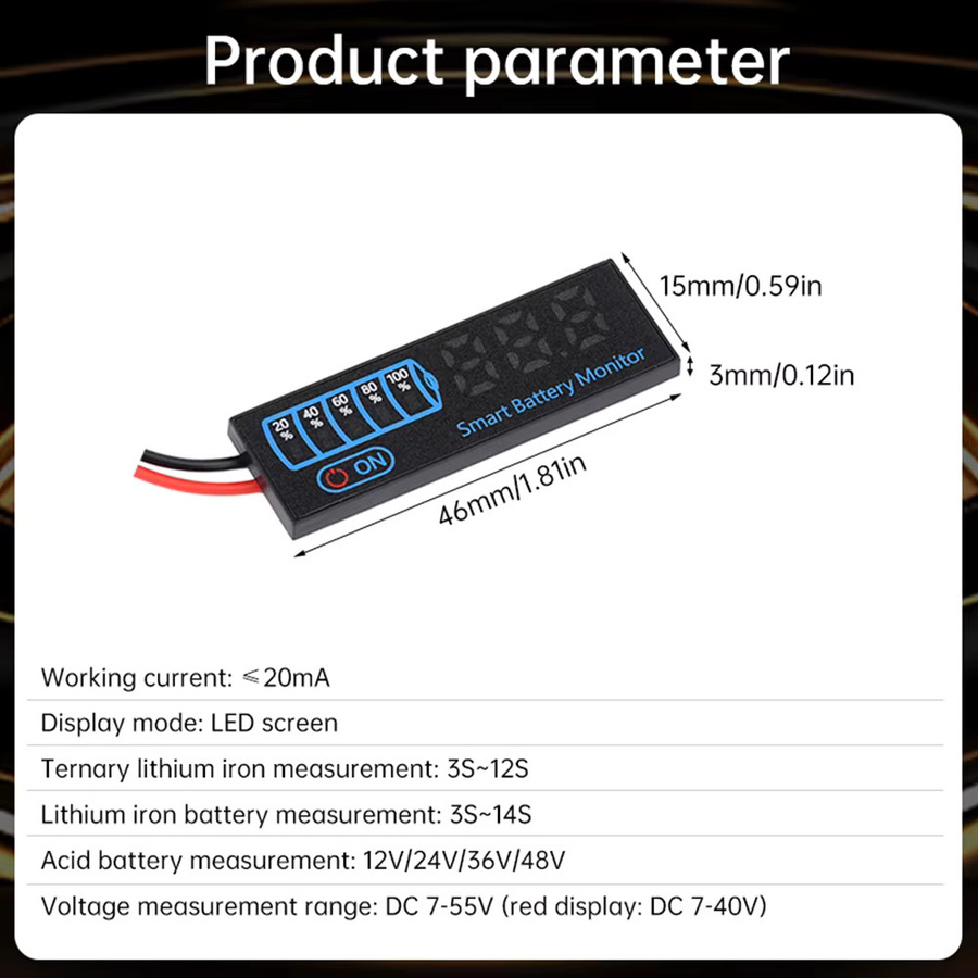 diymore Universal DC 7-55V LCD Display Modul zur Batteriekapazitäts- und Ladeanzeige für Säure- und Lithium-Batterien in Rot und Schwarz - Bild 4