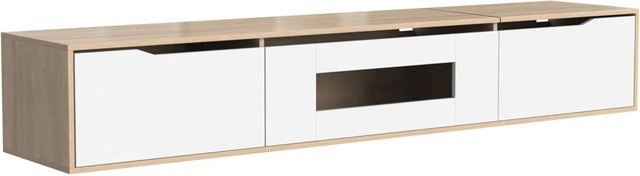 okwish TV Schrank in Weiß mit Holzoptik, LED-Licht und Glasböden, B/T/H: 180 x 30 x 30 cm - Bild 1