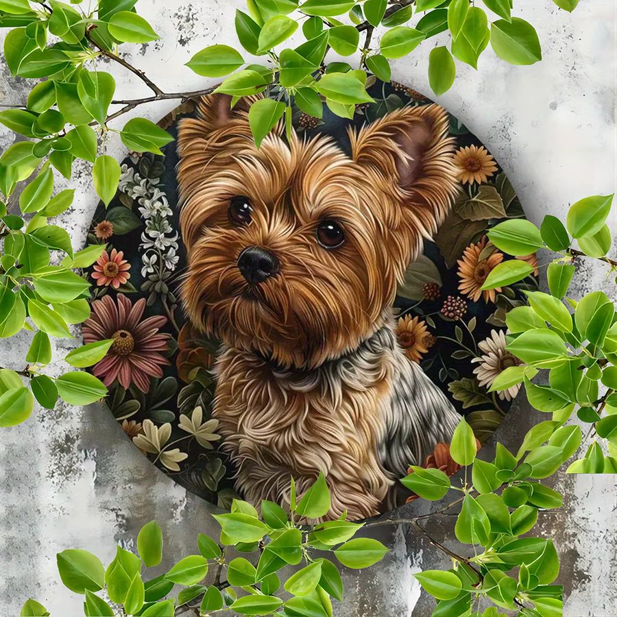 Rundes Metall-Wandkunstschild von Potdemiel mit Yorkshire-Terrier und Blumenmuster im rustikalen Design - Bild 2