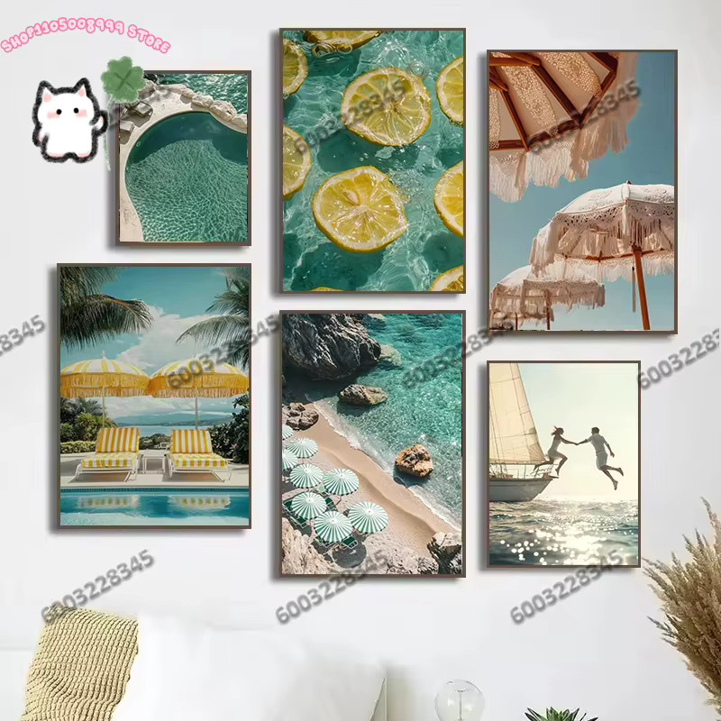 Leinwandgemälde Potdemiel Italienische Zitronen und Orangen mit Strandwellen als mediterrane Wandkunst in Mehrfarben - Bild 2