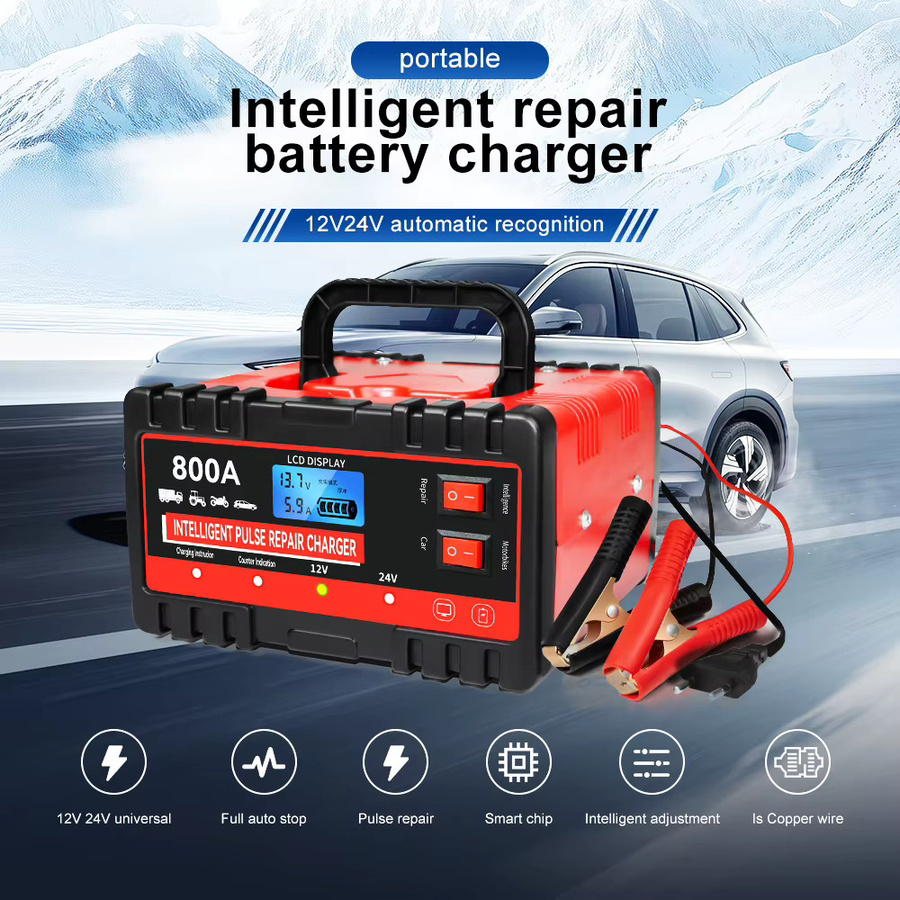 Intelligentes 12V Batterieladegerät für Auto und Motorrad mit Pulsreparatur-Funktion in Rot - Bild 2
