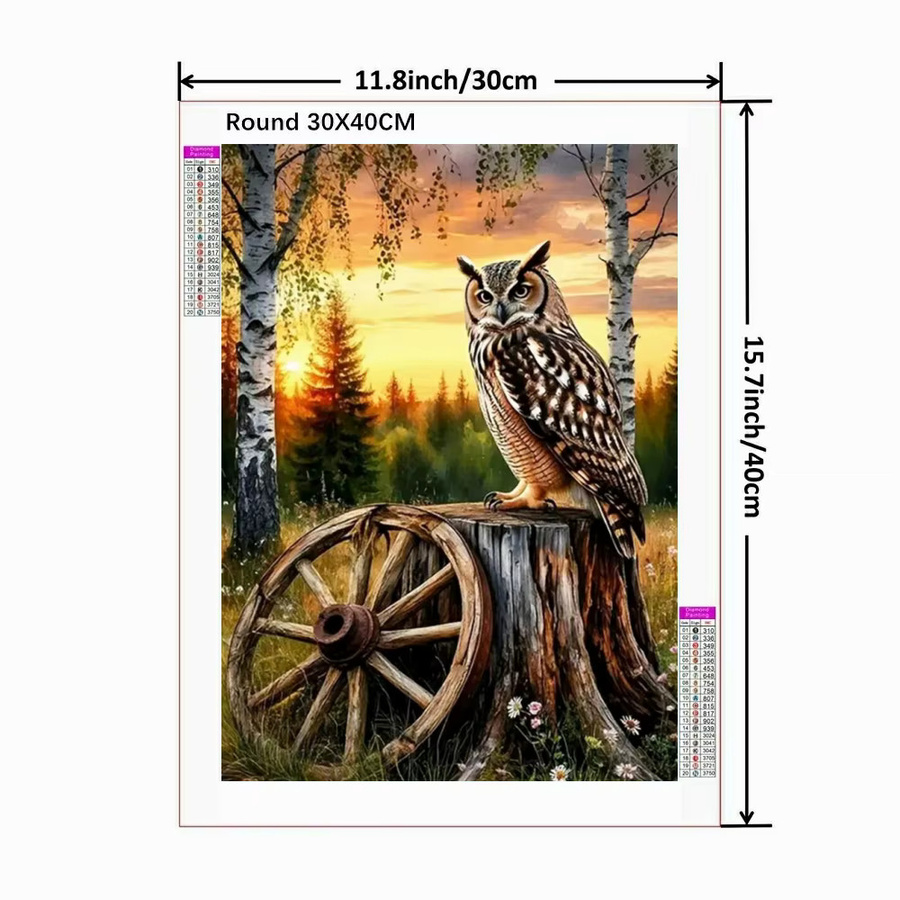 Potdemiel 5D Diamant-Malerei-Set Eule im Sonnenuntergang, rundes Diamant-Mosaik Bastelset in Multicolour, Durchmesser: 30 cm - Bild 2