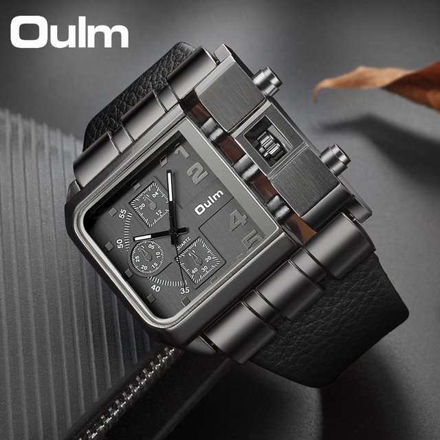 Oulm Armbanduhr, Quarz, eckiges Zifferblatt, Leder, Schwarz, Herren - Bild 1