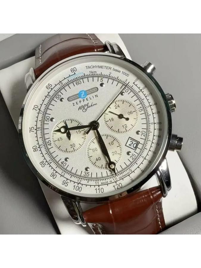 Zeppelin Armbanduhr Quarz, Leder, Edelstahl, Silber, Weiß, Herren - Bild 2