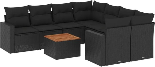 vidaXL 9-tlg Garten-Sofagarnitur aus Poly-Rattan und Akazienholz in Schwarz mit Kissen - Bild 1