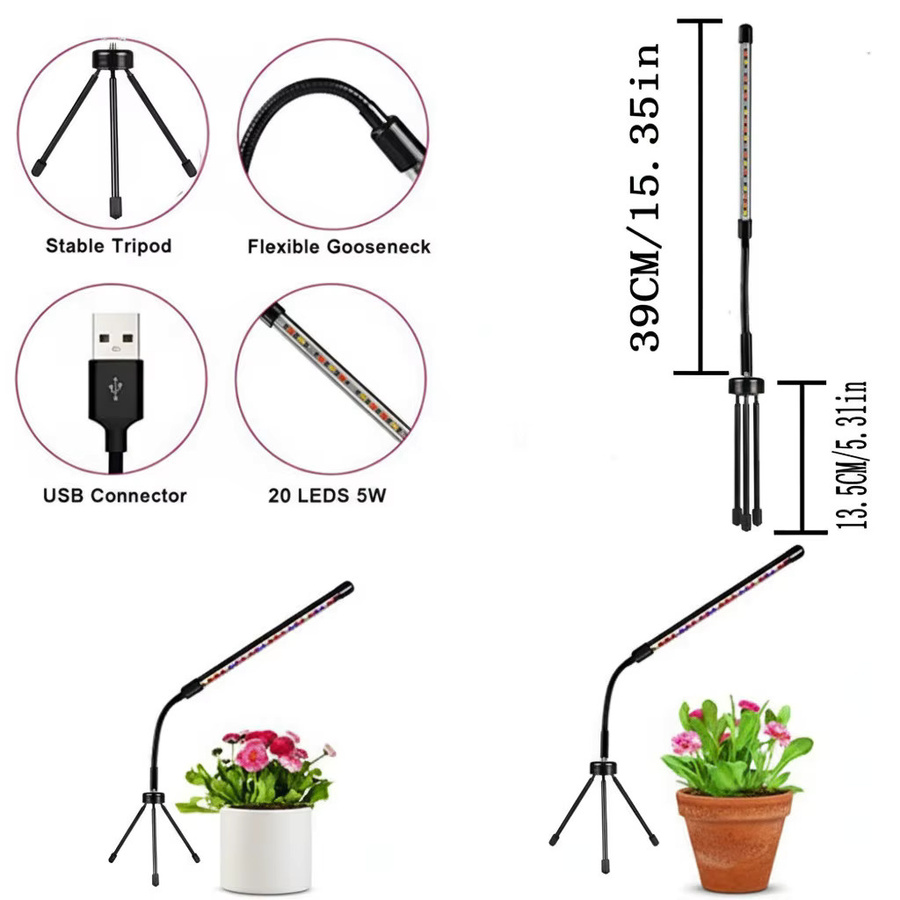 KEBINCPLED Dimmbare LED Pflanzenwachstumslampe mit Stativ und USB-Anschluss, Vollspektrum-Wachstumslicht für Indoor-Gewächshäuser, Schwarz - Bild 3