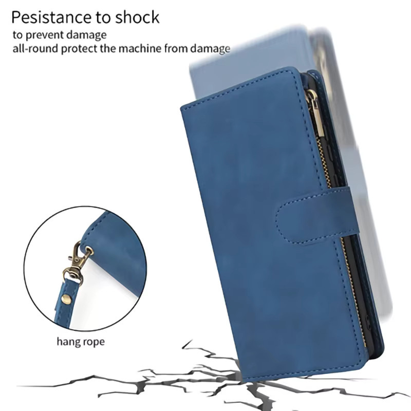 Samsung Flip Wallet Phone Cover Ledertasche mit Reißverschluss für Galaxy A16 A26 A36 A56 A06 A15 A25 A35 A55 A05S A14 A34 A54 A13 A33 A53 in Blau - Bild 5