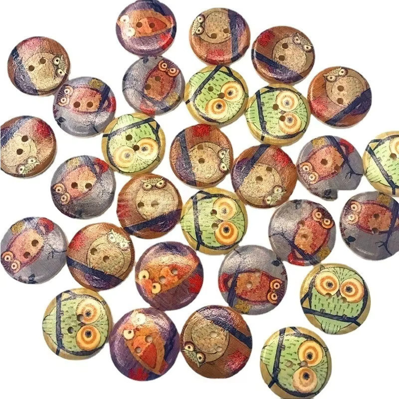 100 Stück hölzerne Eulenknöpfe in Mehrfarben, runde Tierknöpfe mit zwei Löchern für DIY-Projekte und Scrapbooking, Durchmesser: 15 mm - Bild 4