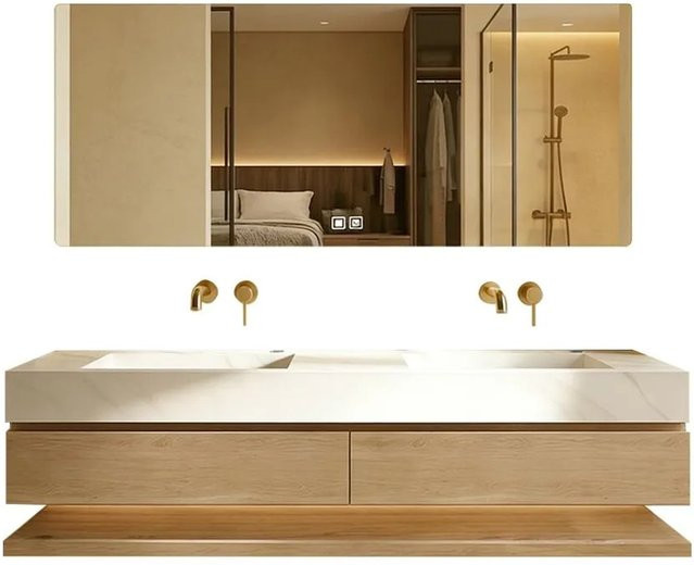 360Home Badmöbel Set mit Sinterstein Doppelwaschbecken und Spiegel in Beige, Wandmontiert mit LED-Beleuchtung und Anti-Beschlag-Funktion, B/T/H: 140 x 55 x 76 cm - Bild 1