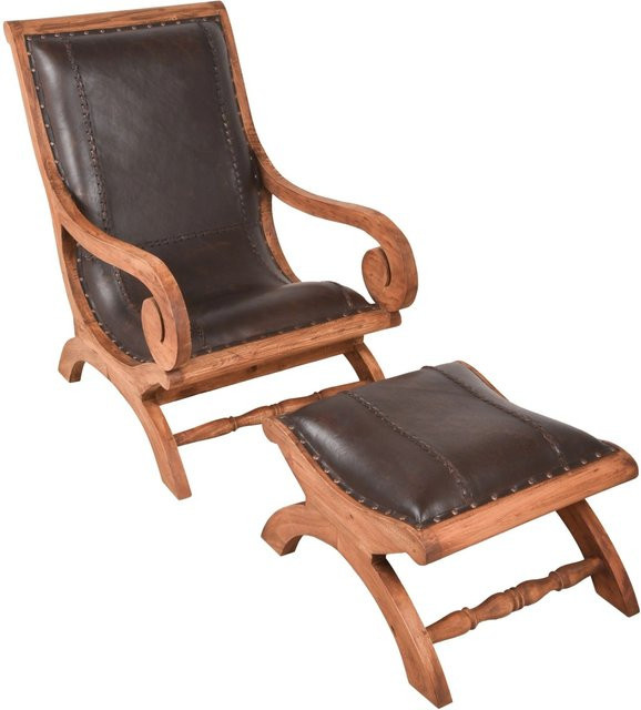 DELUKE Ledersessel MARA mit Hocker in Mahagoni Braun, Relaxsessel mit Fußablage, B/T/H: 93 x 93 x 60 cm - Bild 1