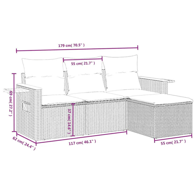 vidaXL 4-tlg Garten-Sofagarnitur aus Polyrattan in Schwarz mit Kissen und Fußhocker - Bild 4