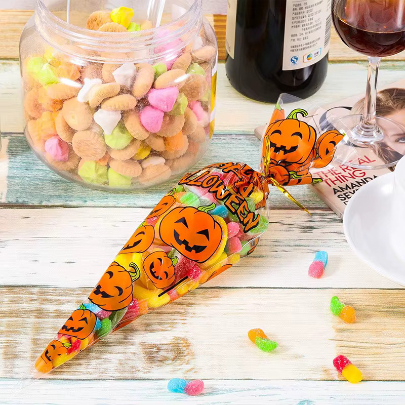 TMZ Halloween Süßigkeiten Beutel in Kegelform, 50 Stück, Orange, Kunststoff-Geschenkverpackung für Lebensmittel - Bild 2