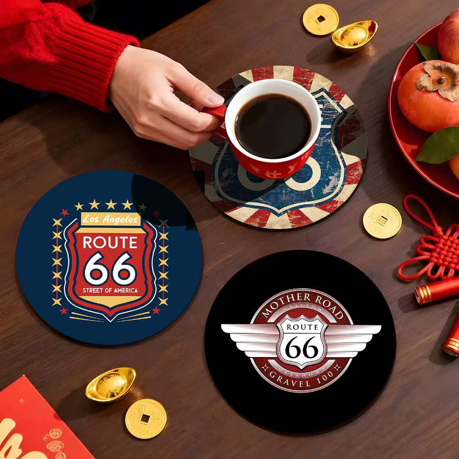 Rundes Holzuntersetzer Set mit US Route 66 Anime Motiv in Mehrfarbig - Bild 3