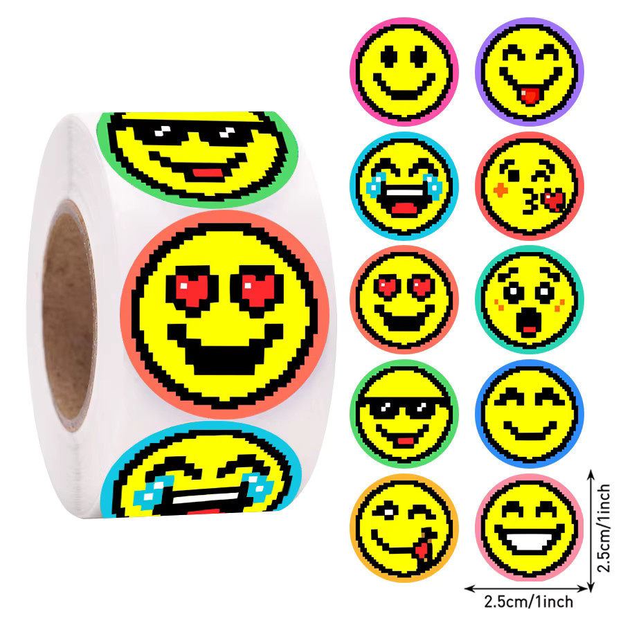 500 Stück Pixel-Expression-Aufkleberrolle mit runden Retro-Etiketten in Gelb und Multicolour - Bild 2