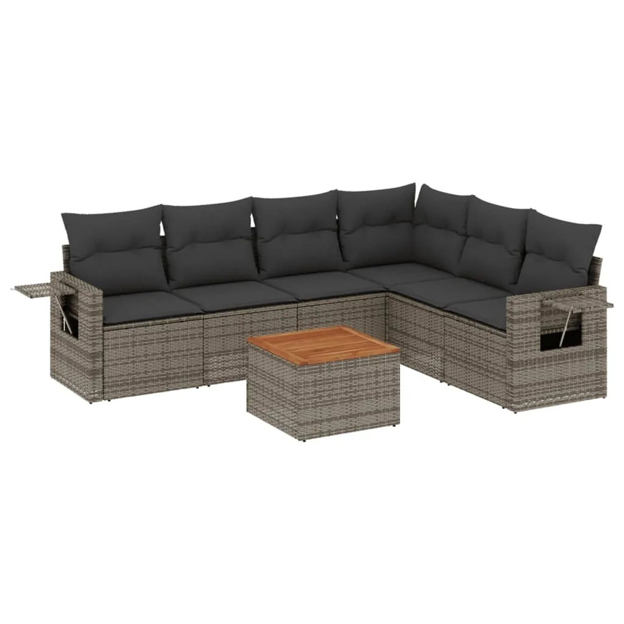 vidaXL 7-teilige Garten-Sofagarnitur aus Poly-Rattan und Akazienholz in Grau mit Kissen - Bild 2