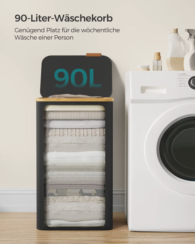 SONGMICS Wäschekorb mit Deckel und herausnehmbarem Wäschesack in Weiß, 90 L, aus Oxford-Gewebe mit Bambusgriffen - Bild 5