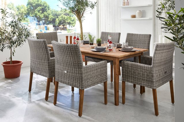 OUTFLEXX Borneo/Kota Garten-Essgruppe aus Akazie, Alu und Polyrattan in Natur/Grau-meliert mit 6 Landhaussesseln, Tisch B: 180 cm, T: 90 cm, H: 75 cm - Bild 1
