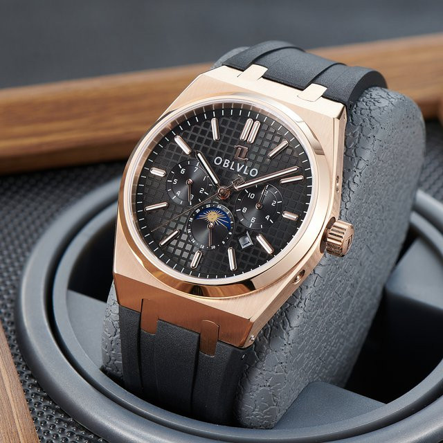 OBLVLO Armbanduhr Automatik, Roségold, Gummiband, Herren - Bild 1