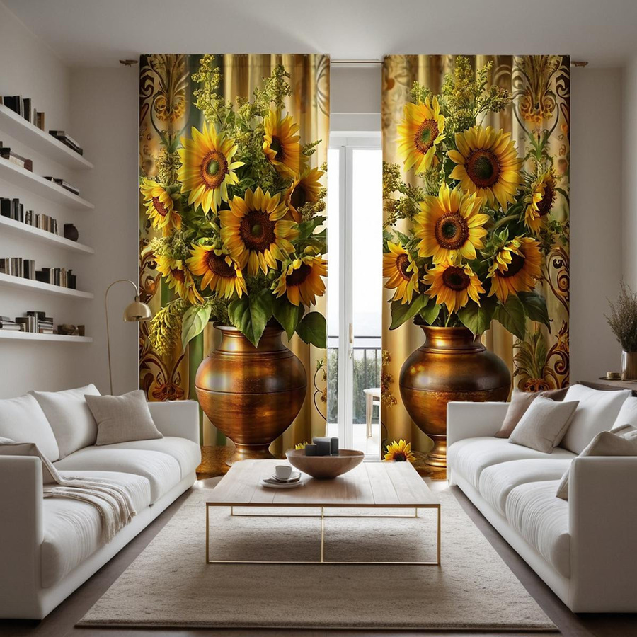 2er-Set Sonnenblumen Vorhänge mit Digitaldruck in Gelb, halbtransparent für Wohnzimmer und Schlafzimmer, B: 132 cm, H: 160 cm - Bild 2