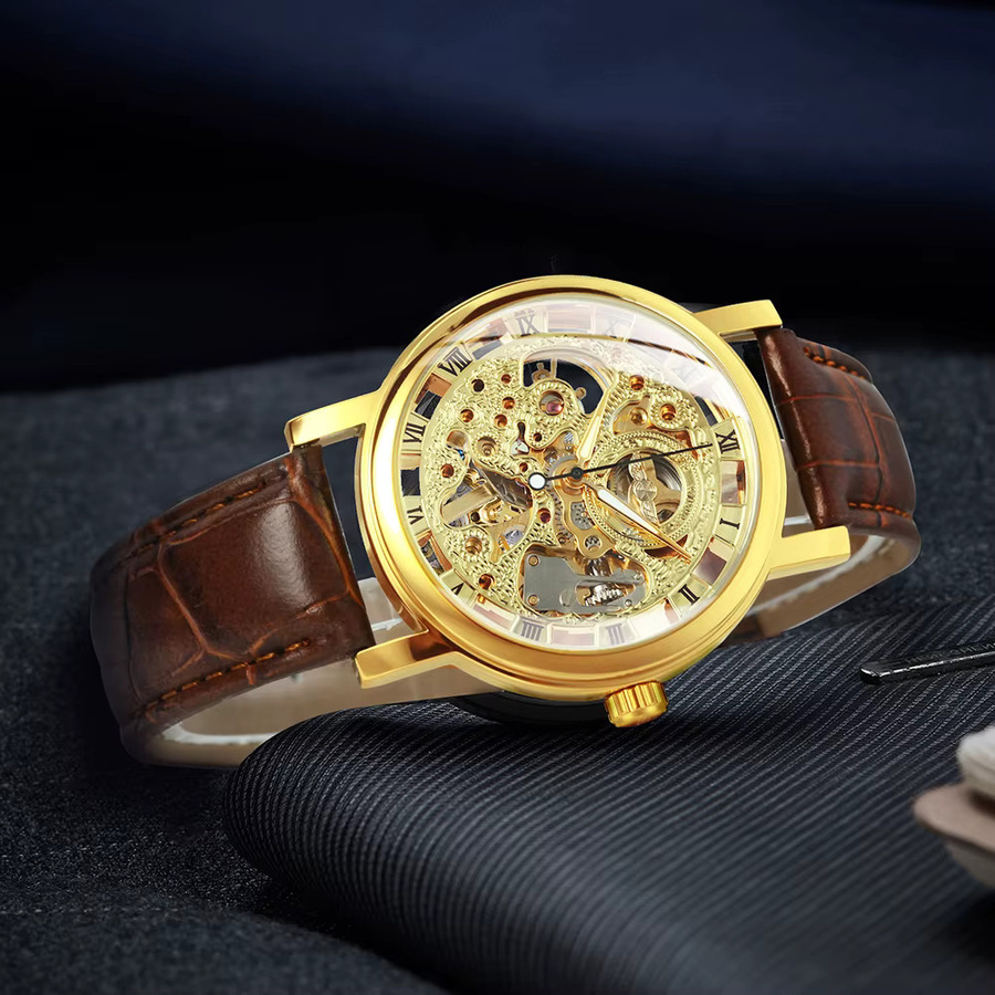 WINNER Armbanduhr, Skelett-Mechanische Uhr, Gold, Handaufzug, Leder, Herren - Bild 3
