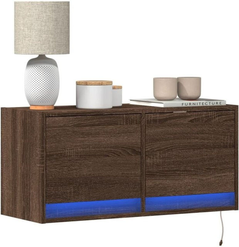 Vidaxl TV-Wandschrank mit LED-Leuchten in Braun, Modernes Design mit Drehtüren, B/T/H: 80 x 31 x 38 cm - Bild 1