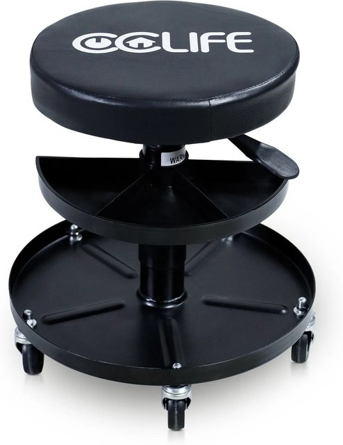 CCLIFE Werkstatthocker mit Rollen und 2 Ablagen, höhenverstellbar, Schwarz, Tragkraft 150 kg, Höhe: 38,0-50,0 cm - Bild 1