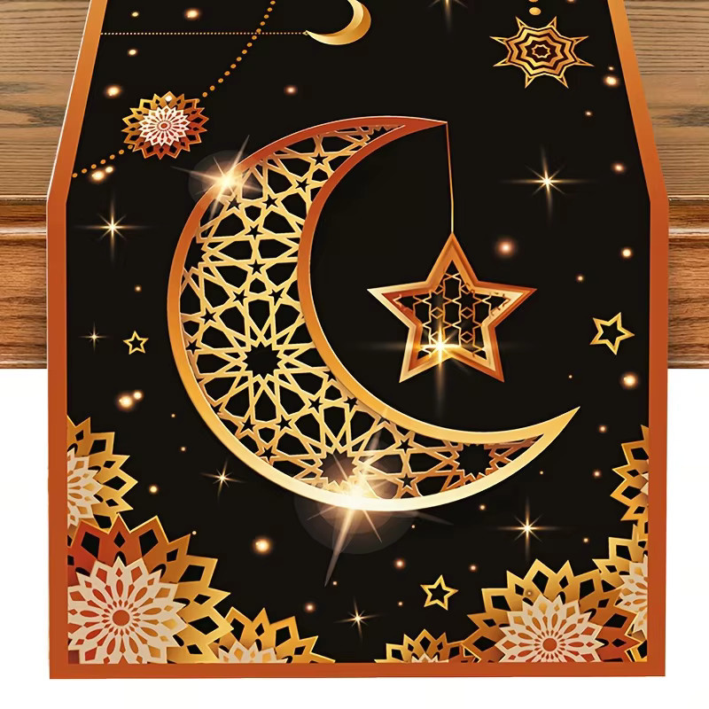 VIKAMA Tischläufer Schwarz-Gold mit Glitzer-Effekt für Eid Mubarak und festliche Anlässe, Material: Leinen, Breite: 33 cm, Länge: 90 cm - Bild 4