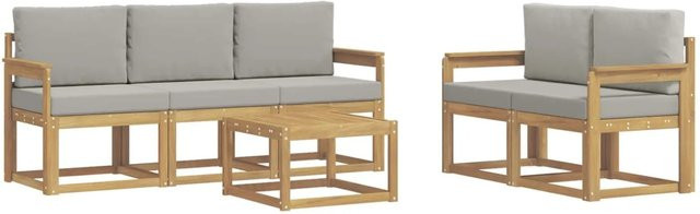 vidaXL Outdoor-Sofagarnitur 6-teilig aus Akazienholz mit Polstern in Weiß und Hellgrau, B/T/H: 59 x 59 x 37 cm - Bild 1