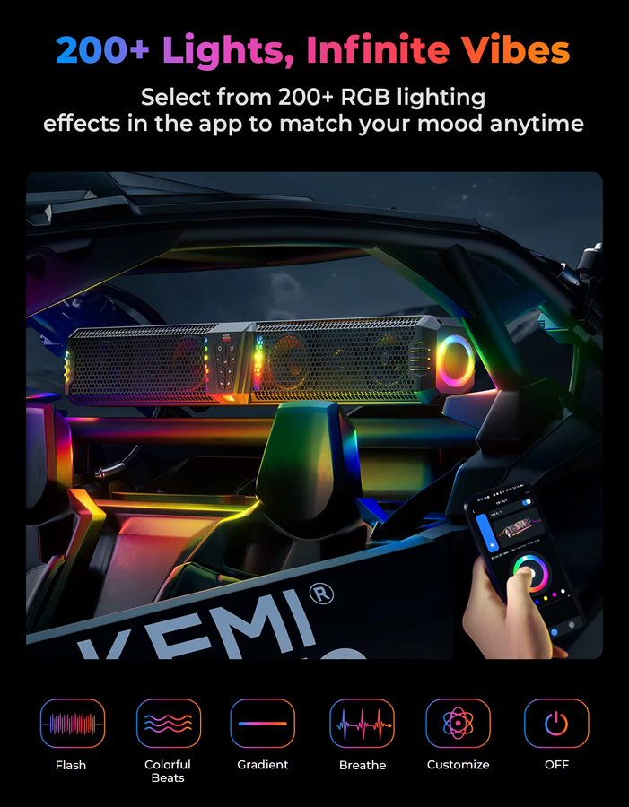 KEMITOUR Bluetooth Soundbar für UTV ATV mit RGB-Beleuchtung, IP66 wasserdichter Lautsprecher in Schwarz, passend für 1-2 Zoll Überrollbügel, kompatibel mit Polaris, Can-Am und CFMOTO - Bild 2