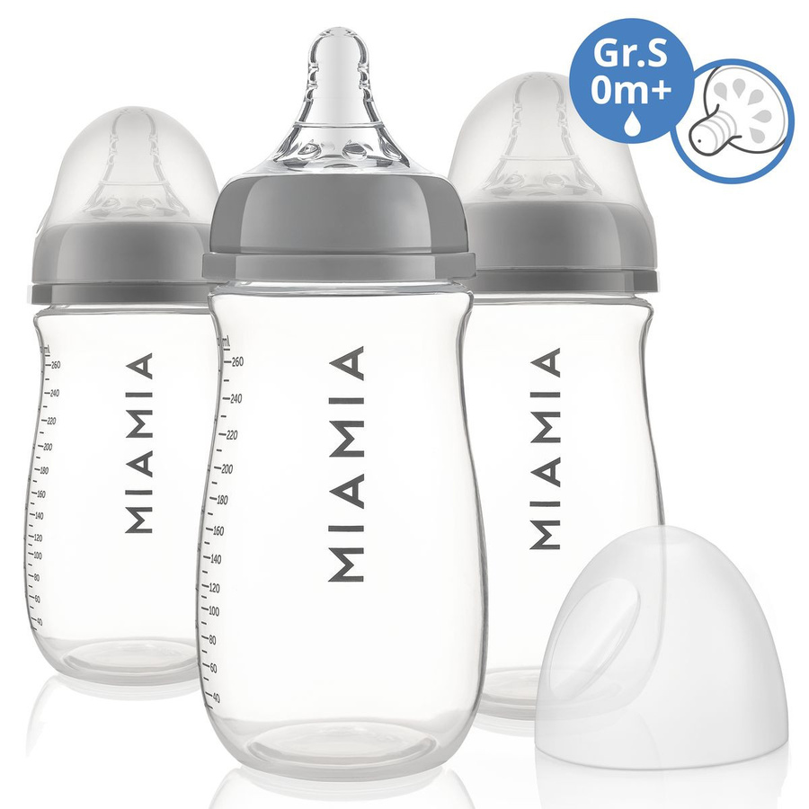 MiaMia PP-Flaschen 3er Pack mit Silikon-Trinksauger Grösse S, Grau/Transparent, 260 ml, mit Anti-Colic-Ventil und Flaschenöffnung mit breitem Hals - Bild 1