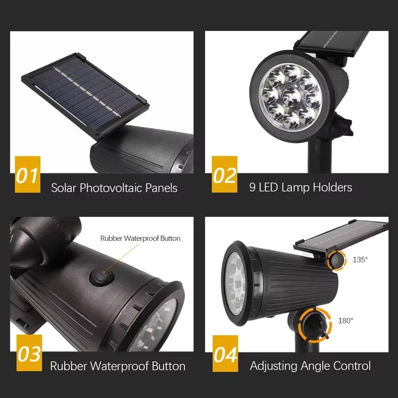 XIWANGFIRE 9-LED-Solar-Rasenlicht in Schwarz mit einstellbarer Helligkeit und IP65 wasserdichtem Schutz für Garten und Landschaftsbau - Bild 5
