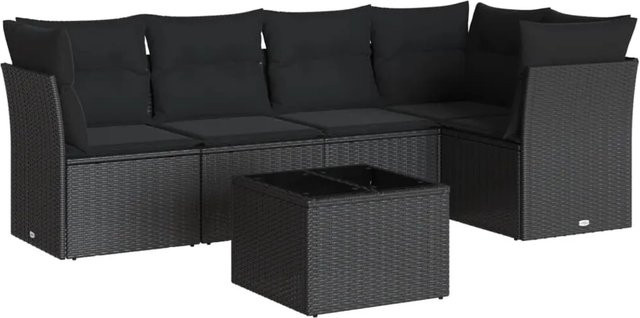 vidaXL 6-tlg Garten-Sofagarnitur in L-Form mit Kissen und Couchtisch, Schwarz, Poly-Rattan und Metall - Bild 1