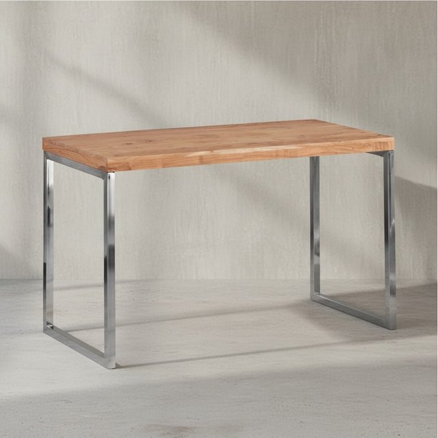 KADIMA DESIGN Schreibtisch ISEN aus Massivholz Akazie in Braun mit verchromtem Metallgestell im Landhausstil B/T/H: 120 x 60 x 76 cm - Bild 1