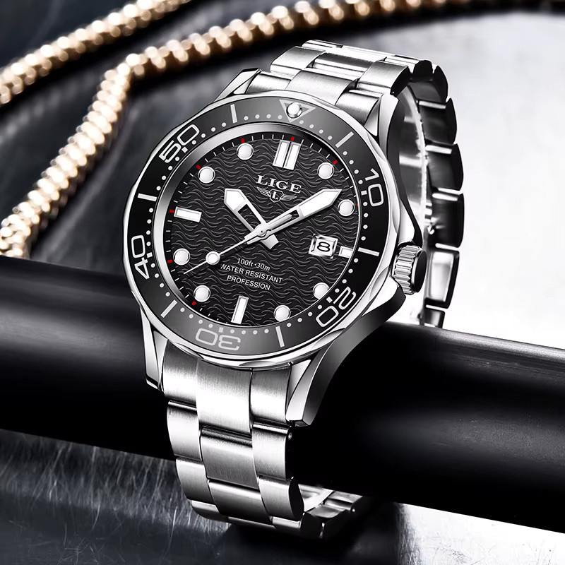 LIGE Armbanduhr Edelstahl, Quarz, Datum, Schwarz, Herren - Bild 2