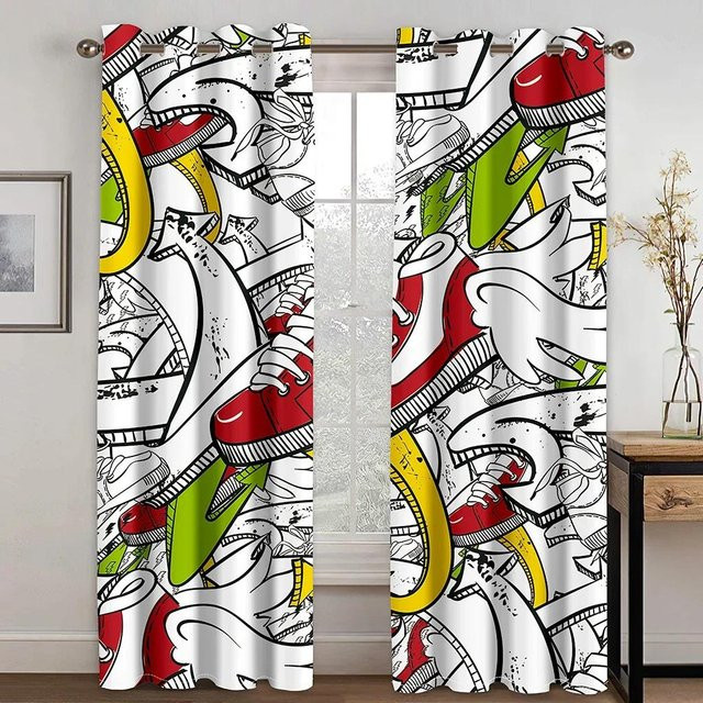 Graffiti Sneaker Fenstervorhänge für Kinder und Teenager, 2 Paneele, halbtransparent, Mehrfarbig, Breite: 100 cm, Höhe: 130 cm - Bild 1