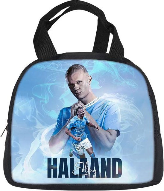 Fancy Style Studio Haaland Isolierte Lunchtasche für Schüler, Fußballstar Bento Essensbehälter, Grau/Blau - Bild 1
