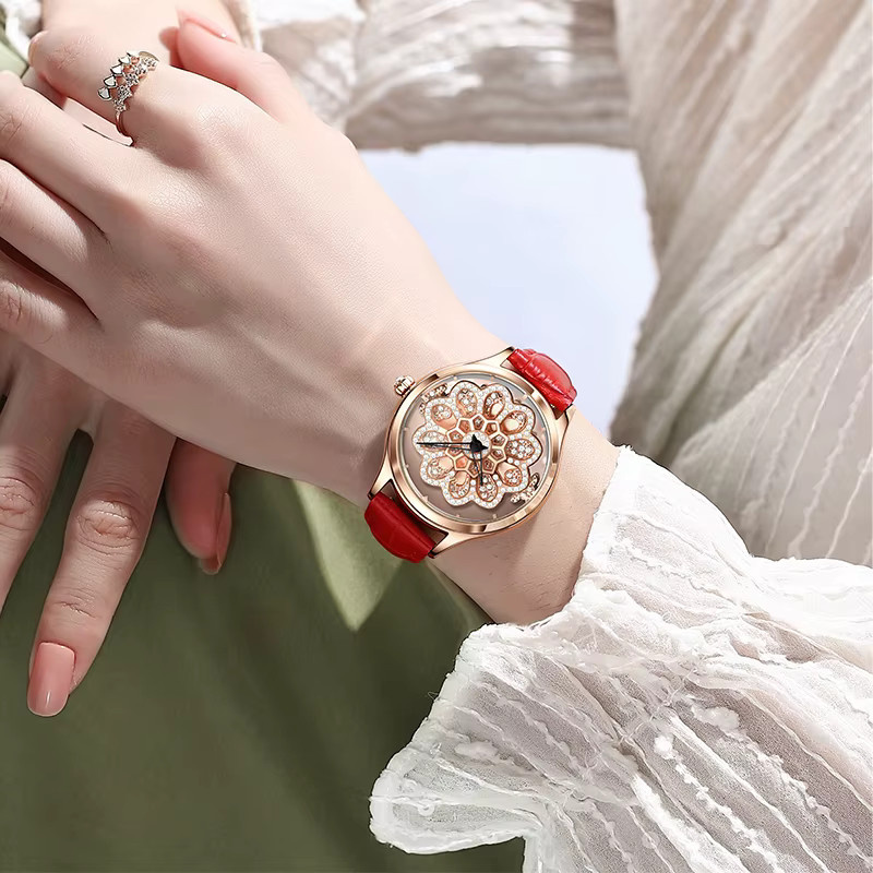 LIGE Armbanduhr Quarz, Leder, Kristall, Roségold, Damen - Bild 5
