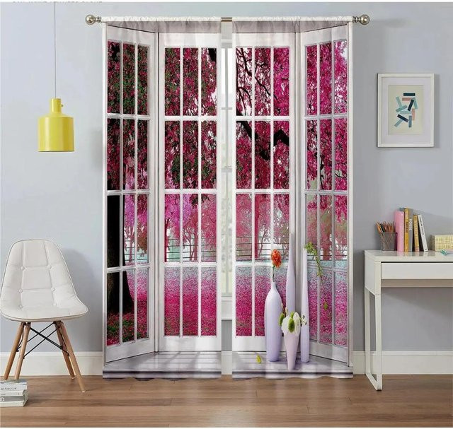 2er-Set halbtransparente Fenstervorhänge mit Naturlandschaft Wasserfall Berg und Fluss in Multicolour, Breite: 60 cm, Höhe: 100 cm - Bild 1