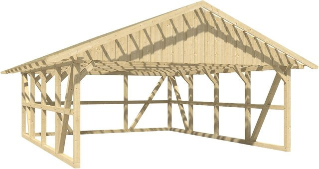 Skan Holz Carport Schwarzwald aus Fichtenholz mit Satteldach, Dachlattung und Rückwand in Natur - Bild 1