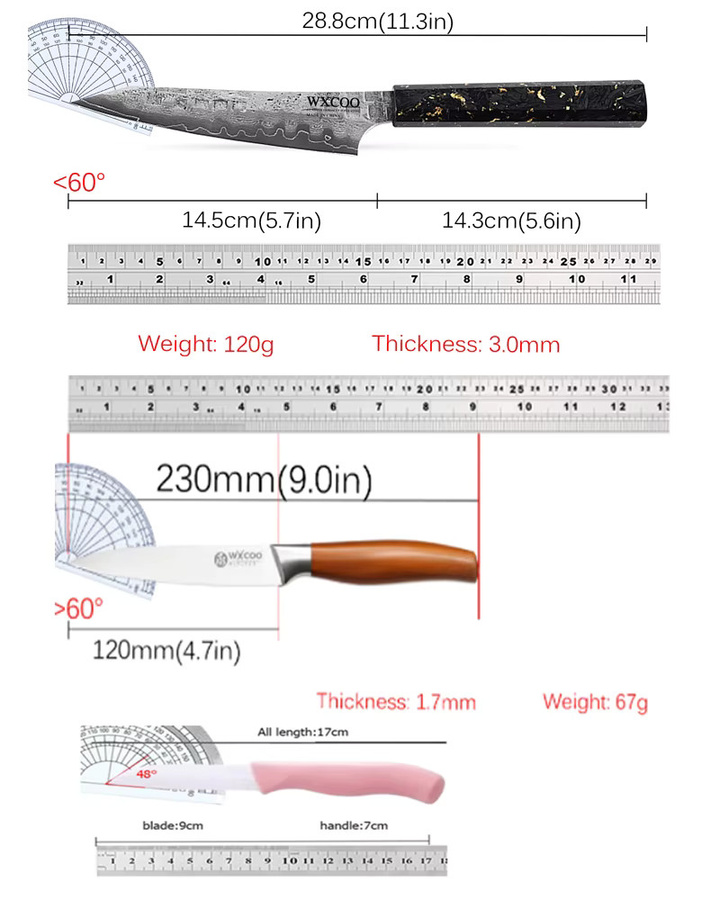 WXCOO Kiritsuke-Kochmesser aus Edelstahl mit Kohlefasergriff, 14,2 cm, Silber - Bild 4