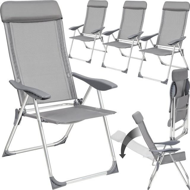 tectake 4er Set Aluminium Gartenstühle klappbar grau mit Textilene-Bezug und Kopfpolster B/T/H: 73 x 59 x 110 cm - Bild 1