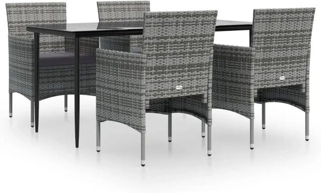 vidaXL 5-teilige Garten-Essgruppe aus PE-Rattan mit Hartglasplatte und Kissen, Grau-Schwarz - Bild 1