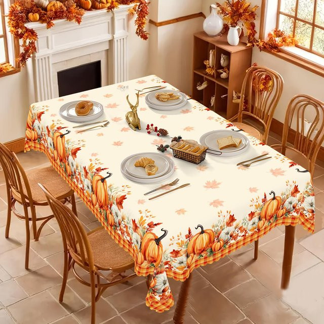 Wasserdichte rechteckige Tischdecke von Beau Maison mit Kürbis- und Ahornblatt-Design in Weiß, B/T/H: 90 x 140 x 0 cm - Bild 1