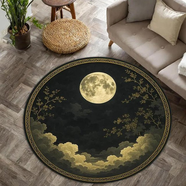 Runder Vollmond-Teppich von syw one mit Nachthimmel- und Blumenmuster in Gold und Multicolour, Durchmesser: 60 cm - Bild 1